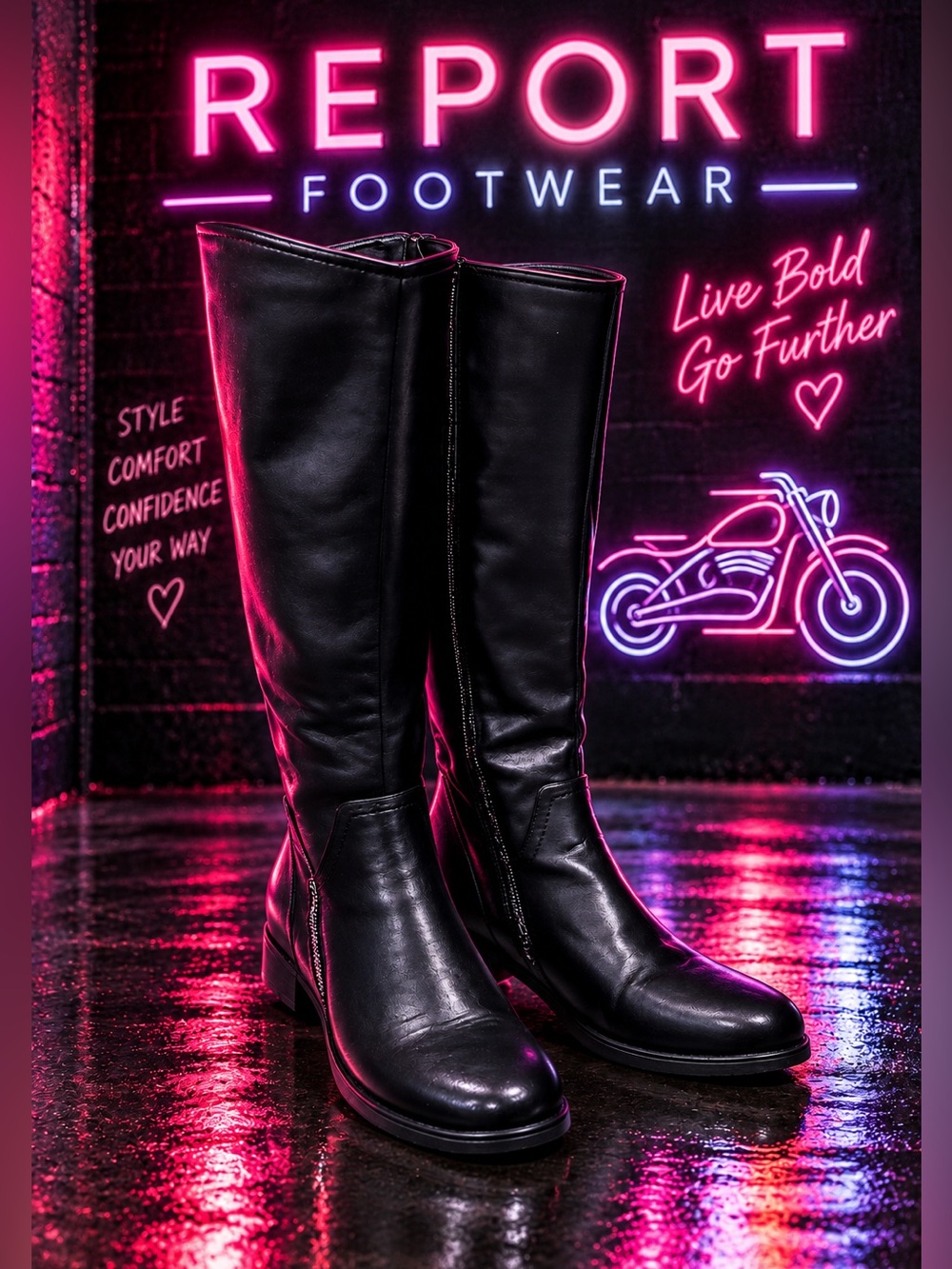 Report Footwear “Jadah” black knee-high moto/riding boots, women’s size 7